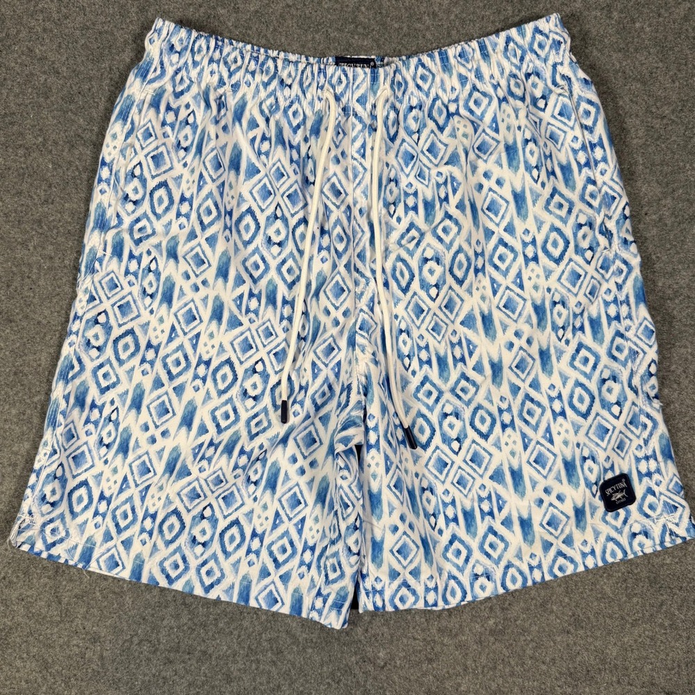Spicy Tuna Mens Blue White Ikat Diamond Geometric Swim Trunks Medium 28 Waist